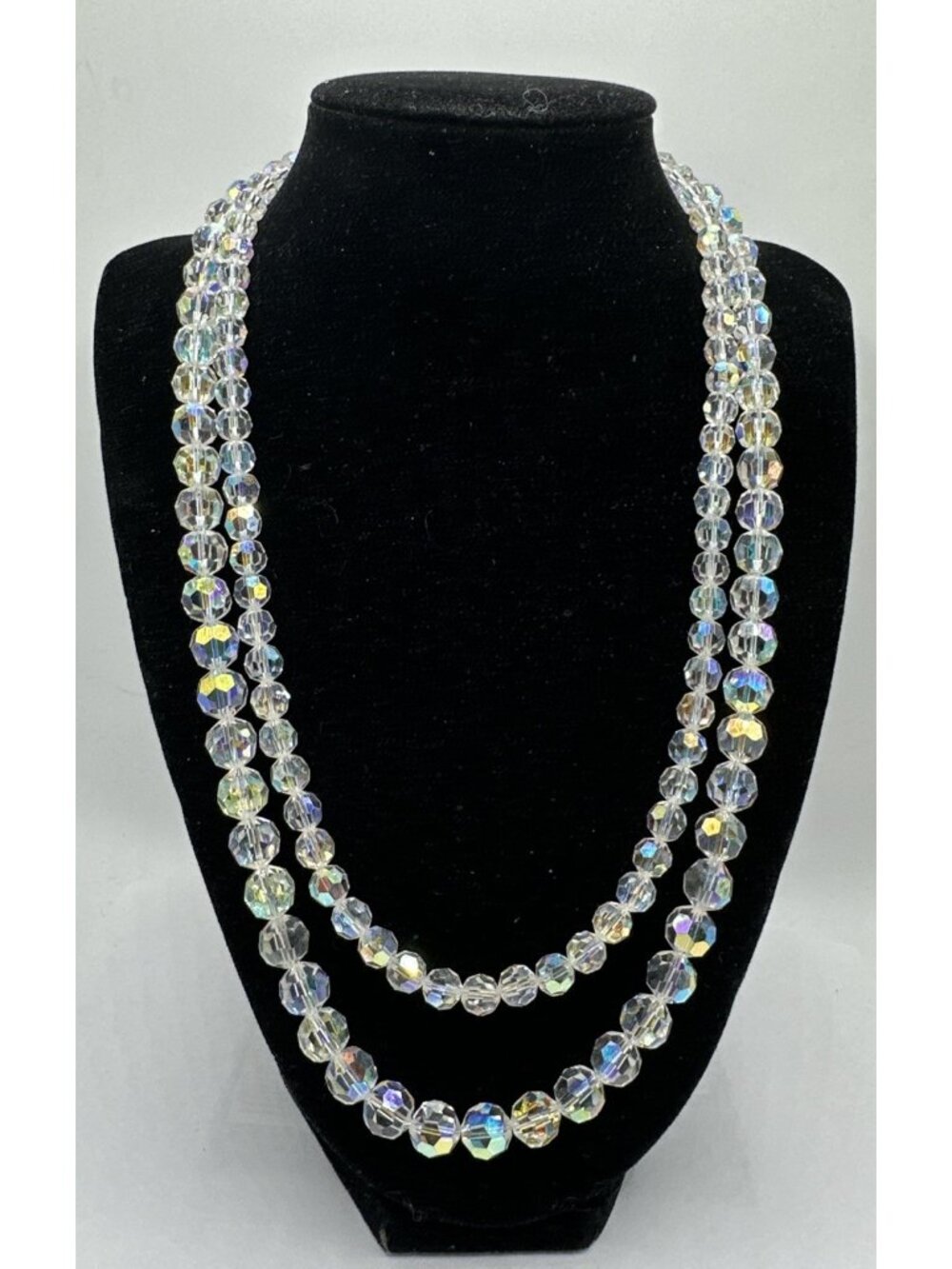Vintage Clear Aurora Borealis Crystal Graduated Double Strand Necklace 19” 21”